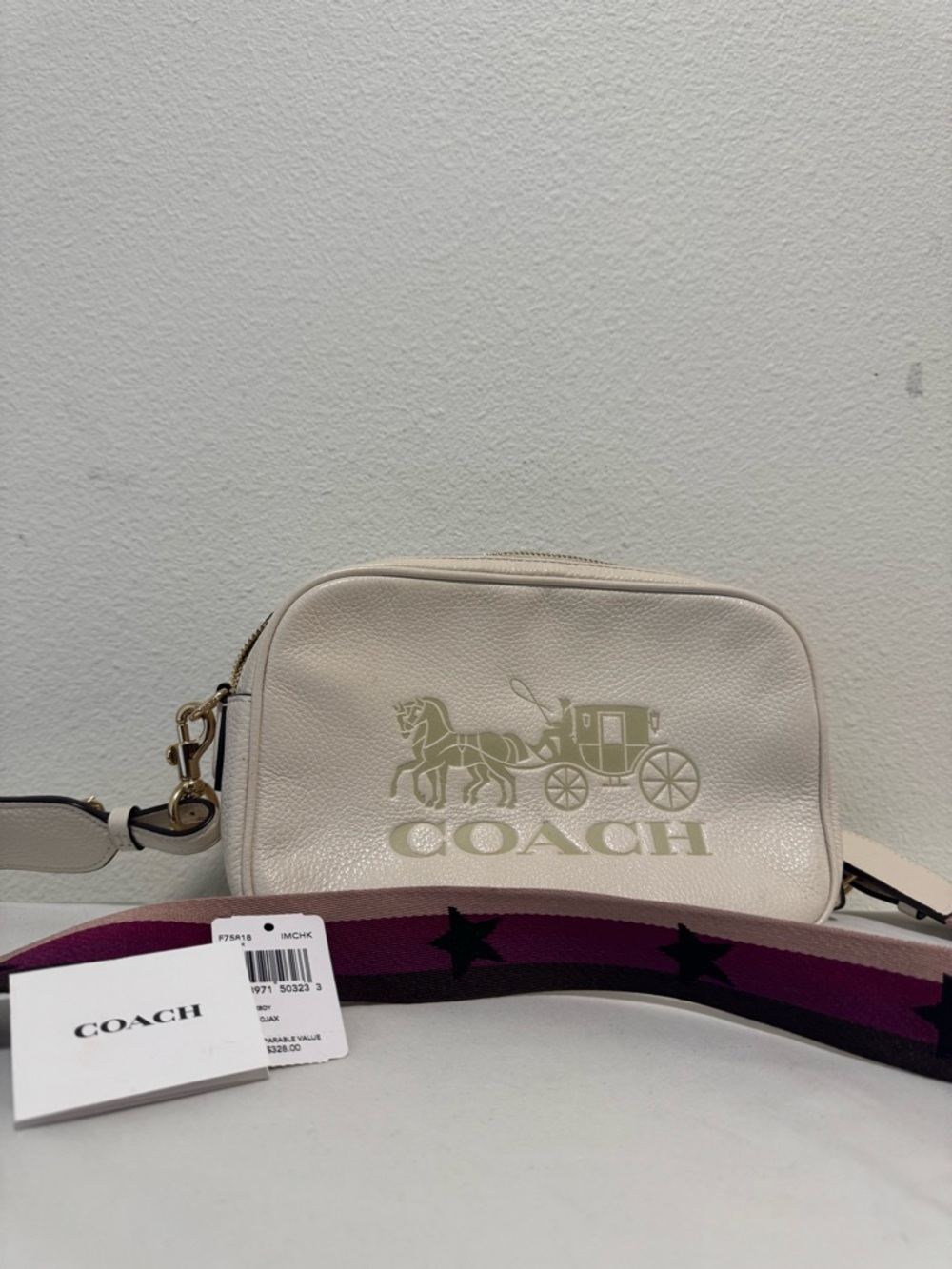 Coach Chalk Pebbled Leather Crossbody with Star-Strip Strap